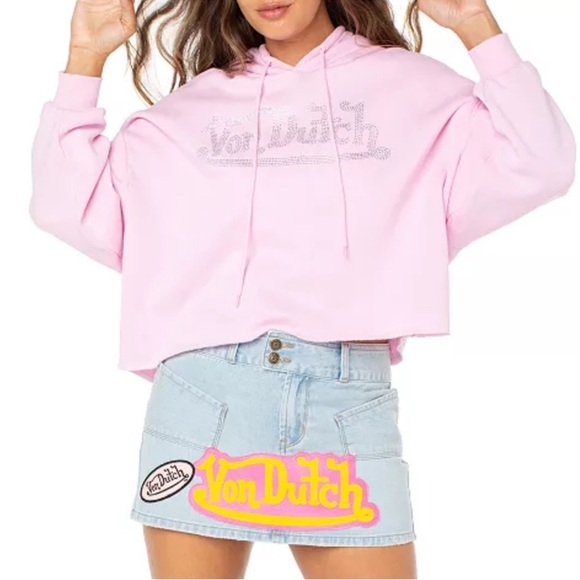 Von Dutch Pink Rhinestone Cropped Hoodie Y2K S NWT - Picture 2 of 10